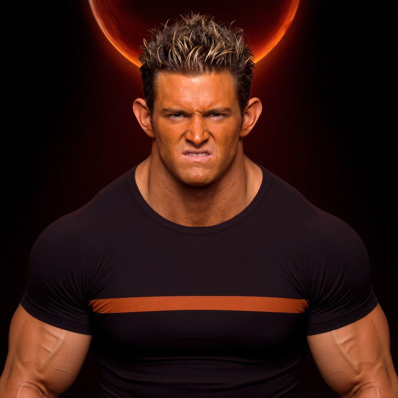 Elon Muskle scowling at the camera in a black compression shirt, a red planet glowing behind him