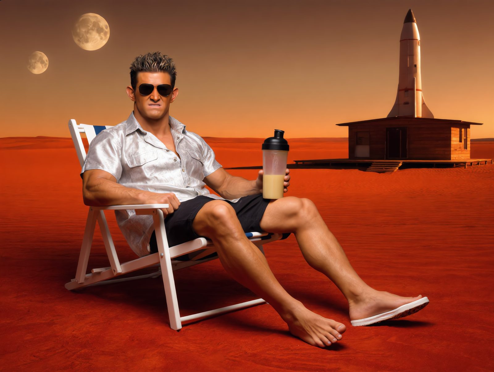 Elon Muskle relaxing in a deck chair on Mars with a protein shake, a rocket-shaped house and two moons behind him