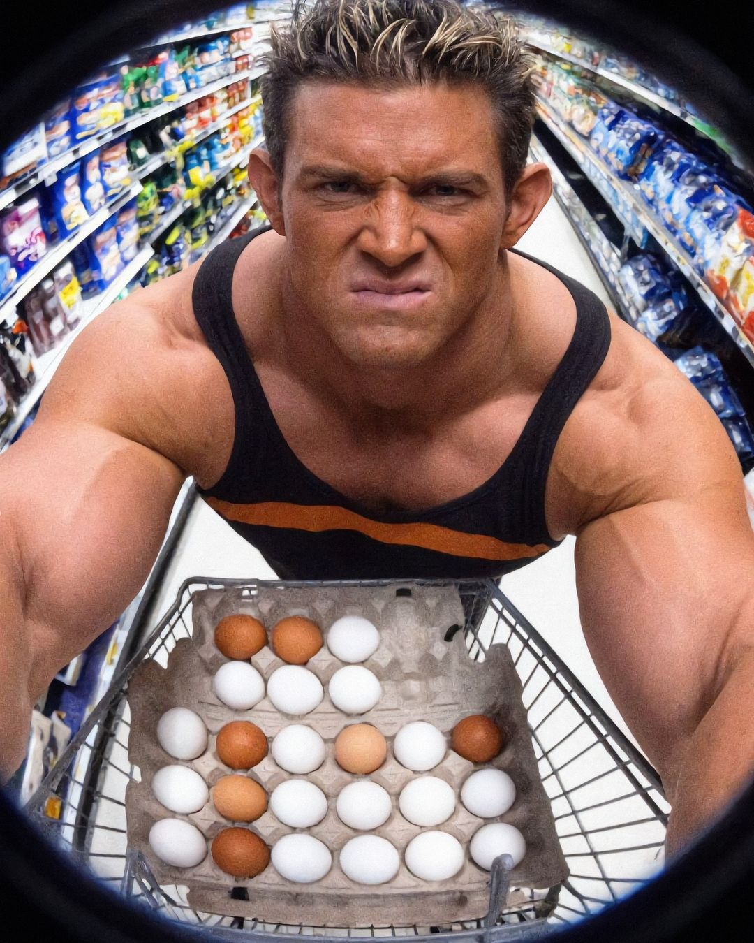 Fisheye shot of Elon Muskle pushing a shopping cart loaded with eggs down a grocery aisle