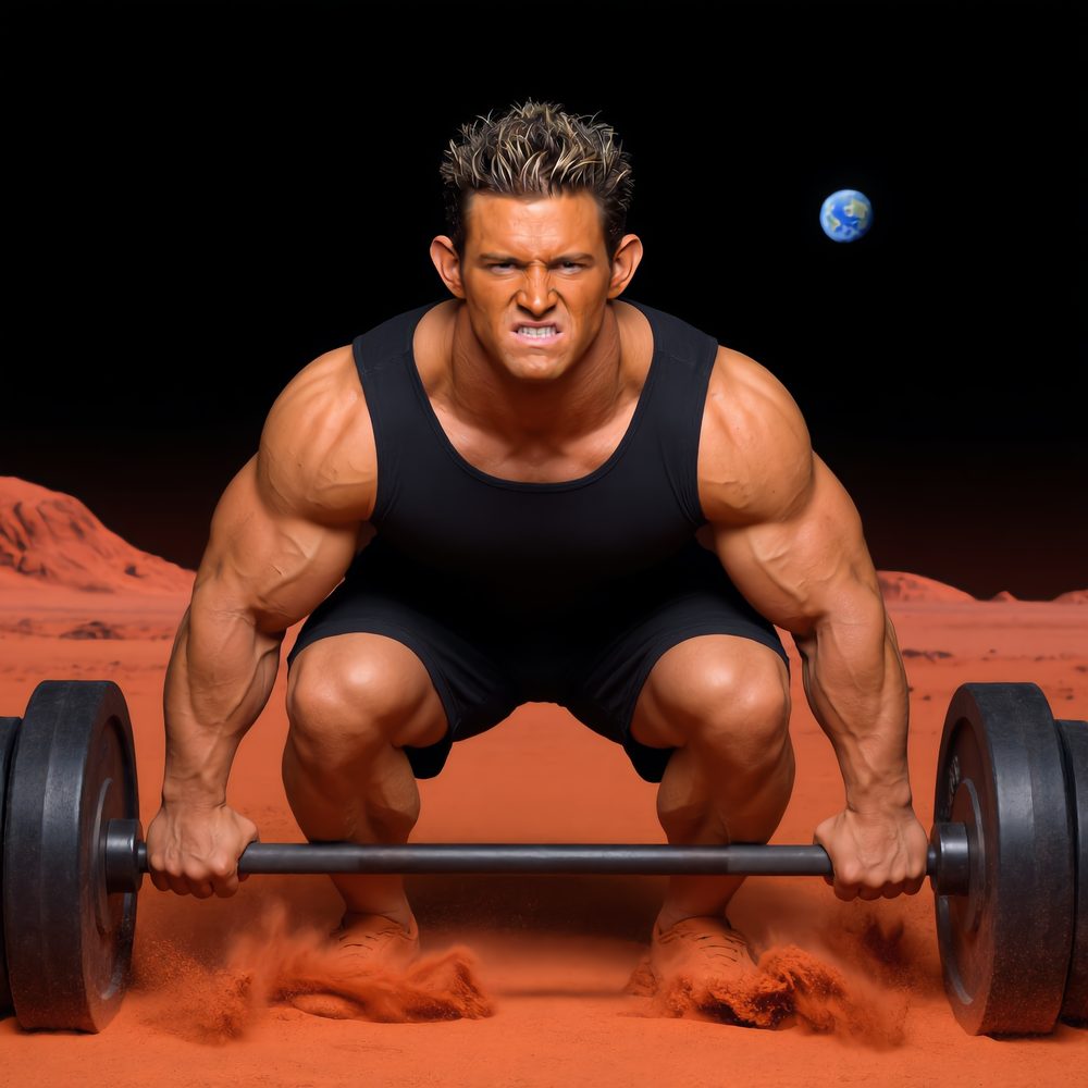 Elon Muskle squatting a loaded barbell on the surface of Mars with Earth in the sky