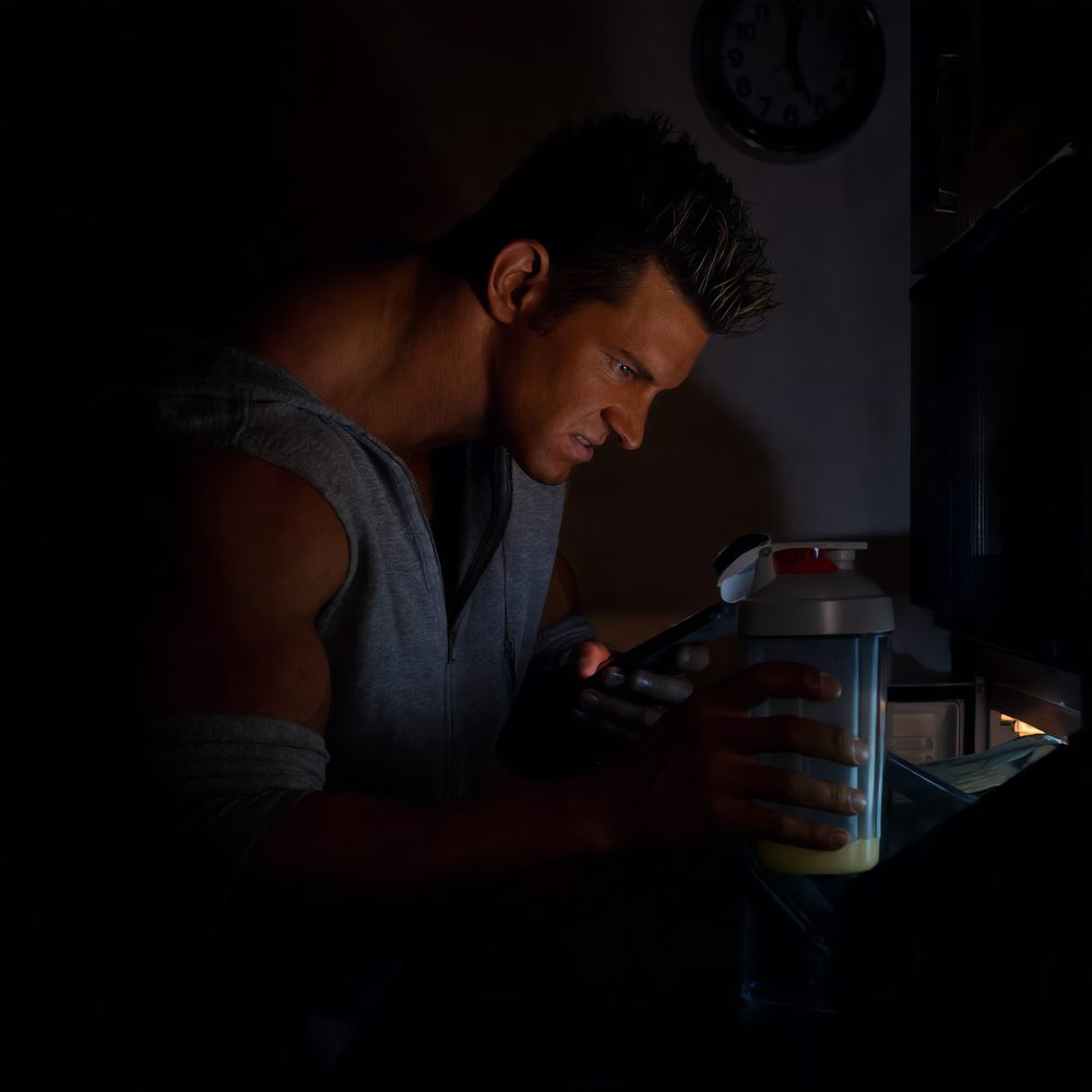 Elon Muskle shaking a protein shaker and typing on his phone in a dark kitchen at 3am