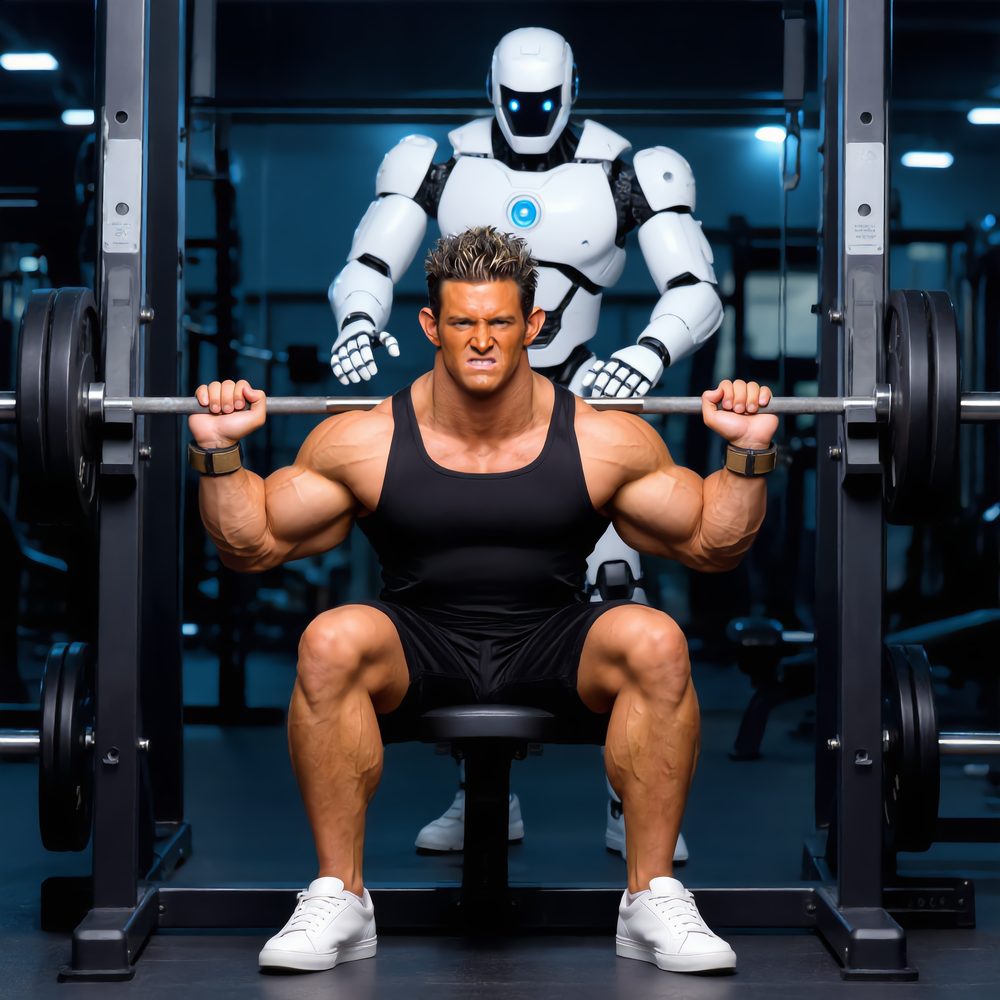 A humanoid robot nervously spotting Elon Muskle's bench press
