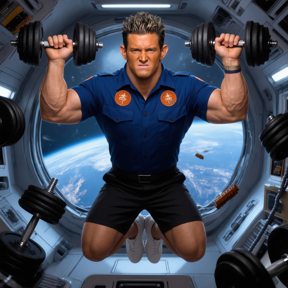 Elon Muskle floating in a space station with dumbbells, Earth through the window
